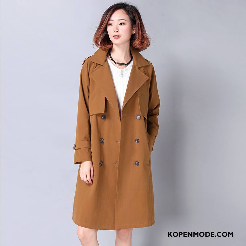 Trenchcoat Dames Lang Mode Lange Mouwen 2018 Zak Rechtdoor Kaki