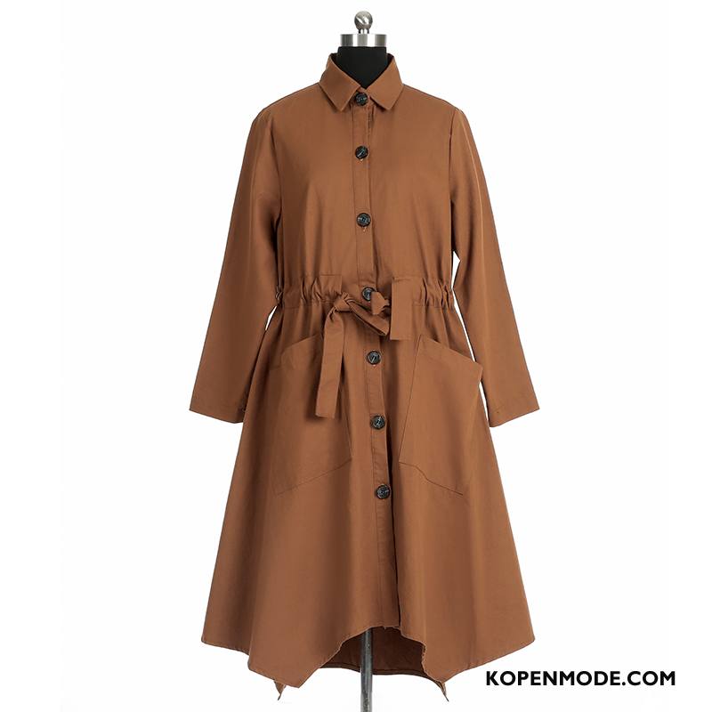 Trenchcoat Dames Lang Trend Voorjaar Slim Fit Mode Lange Mouwen Legergroene