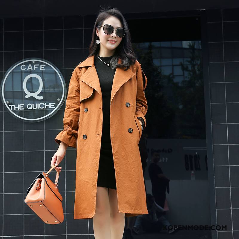 Trenchcoat Dames Lang Vrouwen Elegante Eenvoudige 2018 Mode Karamel Kleur Effen Kleur