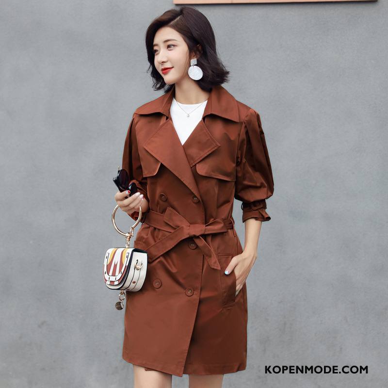 Trenchcoat Dames Lange Mouwen Elegante 2018 Slim Fit Voorjaar Mode Roze Rood Effen Kleur