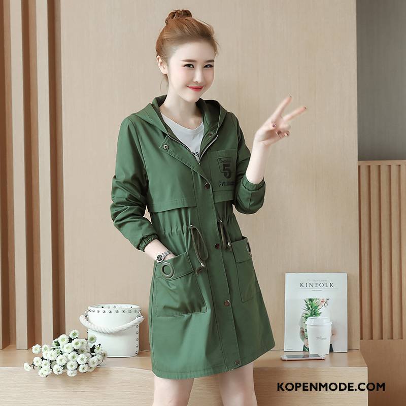 Trenchcoat Dames Lange Mouwen Elegante Straat 2018 Zoet Plooien Effen Kleur Groen