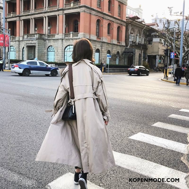 Trenchcoat Dames Lange Rechtdoor Katoen Pak Comfortabele Voorjaar Effen Kleur Kaki Grijs