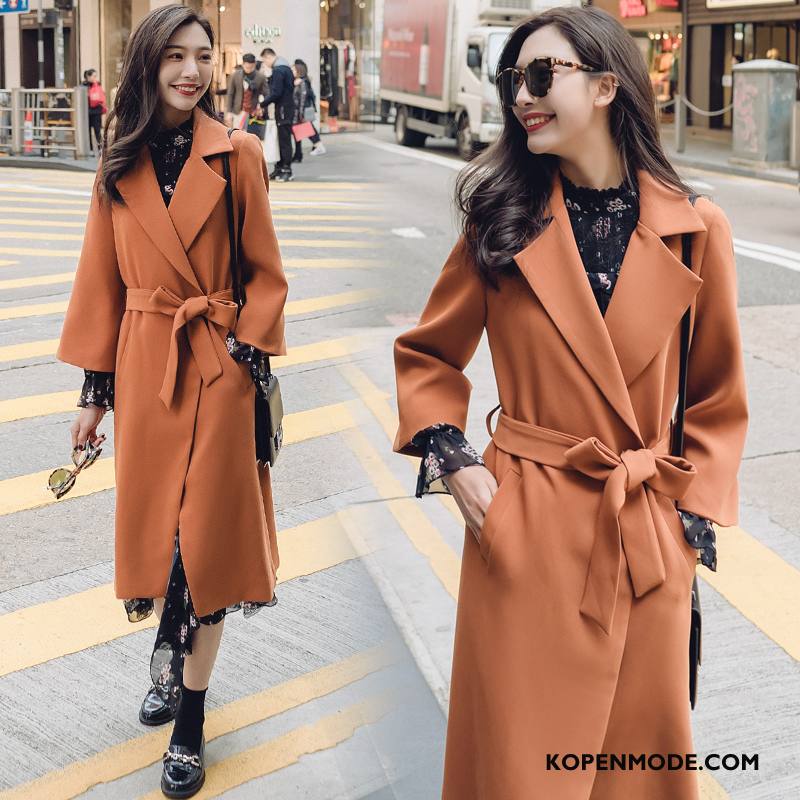 Trenchcoat Dames Mode 2018 Lang Elegante Zoet Lange Mouwen Karamel Kleur