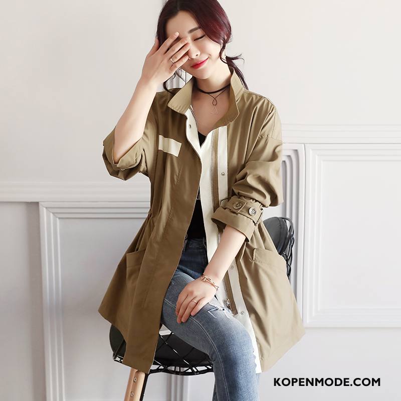 Trenchcoat Dames Mode Casual 2018 Herfst Lange Mouwen Trend Effen Kleur Bruin