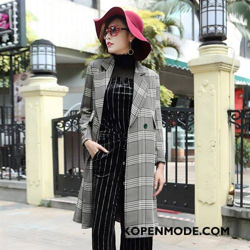 Trenchcoat Dames Mode Elegante Casual 2018 Lang Geruit Grijs