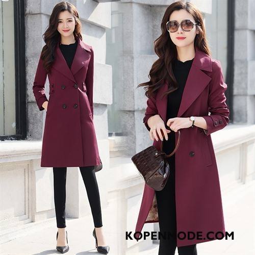 Trenchcoat Dames Mode Slim Fit Voorjaar Lange Mouwen 2018 Rode Wijn Effen Kleur