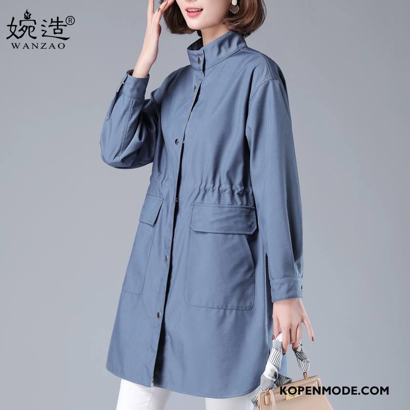 Trenchcoat Dames Nieuw Casual Omkeerbaar Lang Streep Losse Blauw