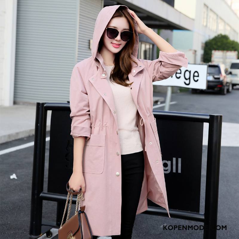 Trenchcoat Dames Polyester Herfst Lange Mouwen Slim Fit Trend Met Één Rij Knoppen Effen Kleur Roze