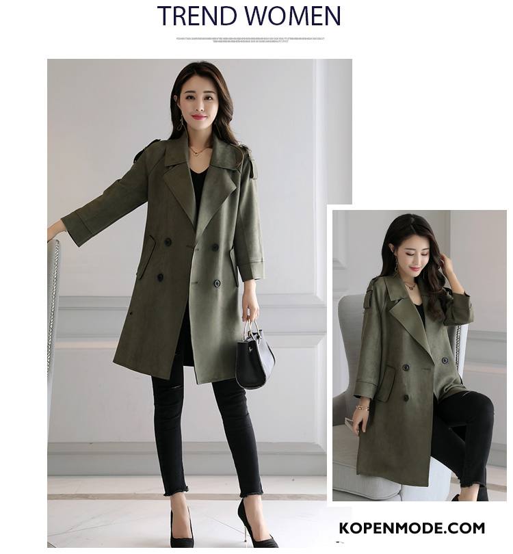 Trenchcoat Dames Revers Lang Dubbele Knop Zoet Knopen Mode Effen Kleur Grijs