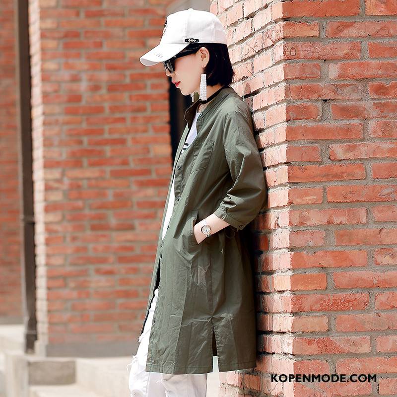 Trenchcoat Dames Slim Fit Mode Met Één Rij Knoppen Zomer Mouw 2018 Legergroene Effen Kleur