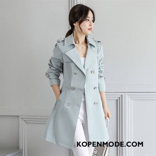 Trenchcoat Dames Slim Fit Polyester Dubbele Knop Lange Mouwen Voorjaar Zak Effen Kleur Blauw