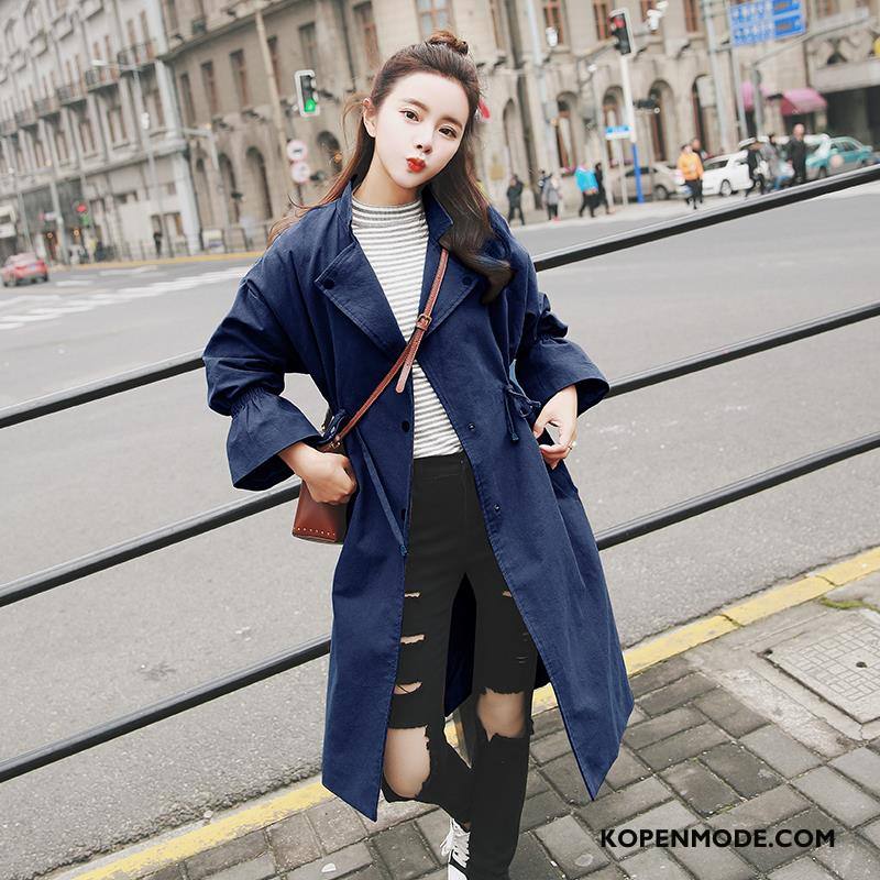 Trenchcoat Dames Slim Fit Polyester Met Één Rij Knoppen Lange Mouwen 2018 Zak Effen Kleur Blauw