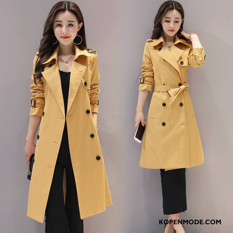 Trenchcoat Dames Trend Lange Mouwen 2018 Vierkante Hals Herfst Knopen Rode Wijn Effen Kleur