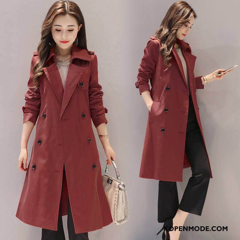 Trenchcoat Dames Trend Lange Mouwen 2018 Vierkante Hals Herfst Knopen Rode Wijn Effen Kleur