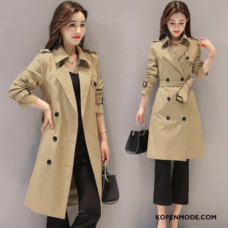 Trenchcoat Dames Trend Lange Mouwen 2018 Vierkante Hals Herfst Knopen Rode Wijn Effen Kleur