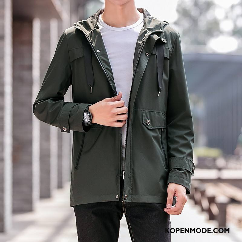 Trenchcoat Heren 2018 Trend Mannen Mooi Winter Lang Legergroene Effen Kleur