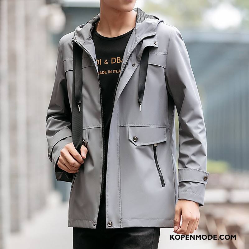 Trenchcoat Heren 2018 Trend Mannen Mooi Winter Lang Legergroene Effen Kleur