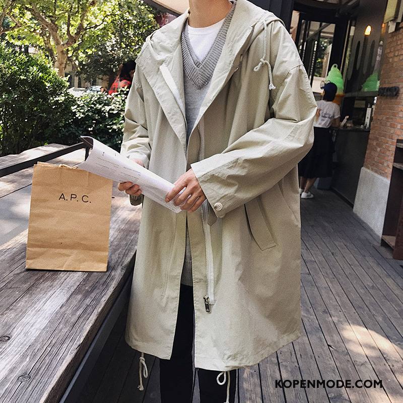 Trenchcoat Heren Jas Trend Lang Mannen Voorjaar Hoodie Groen