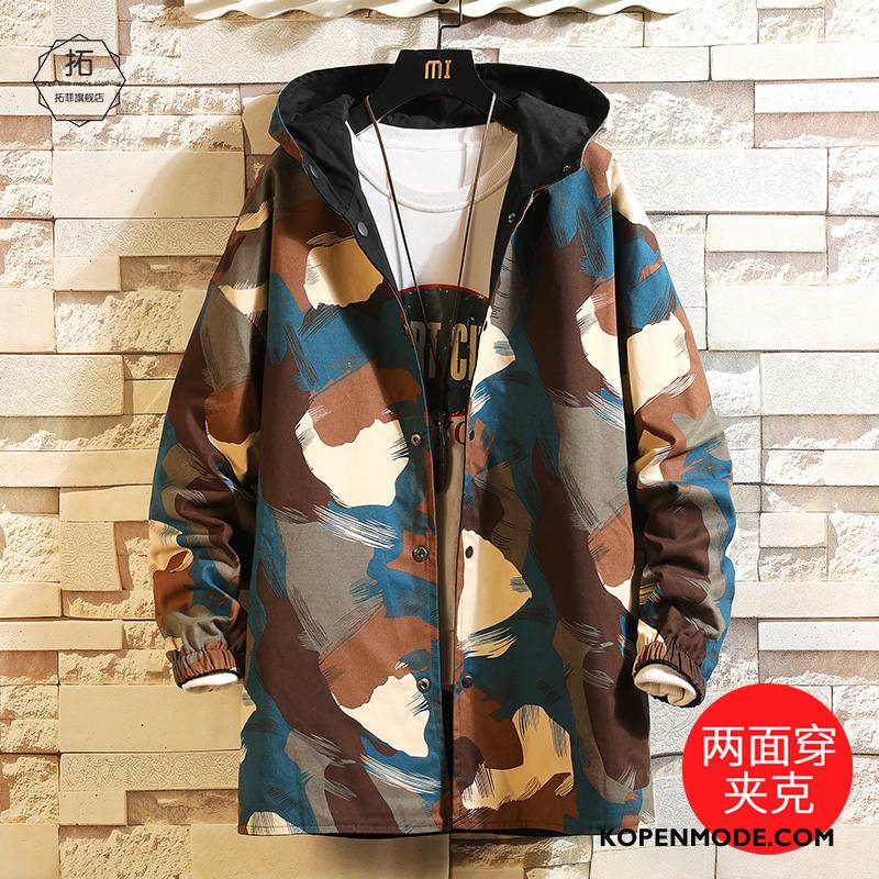 Trenchcoat Heren Omkeerbaar Jas Losse Cargo Grote Maten Hoodie Camouflage Groen