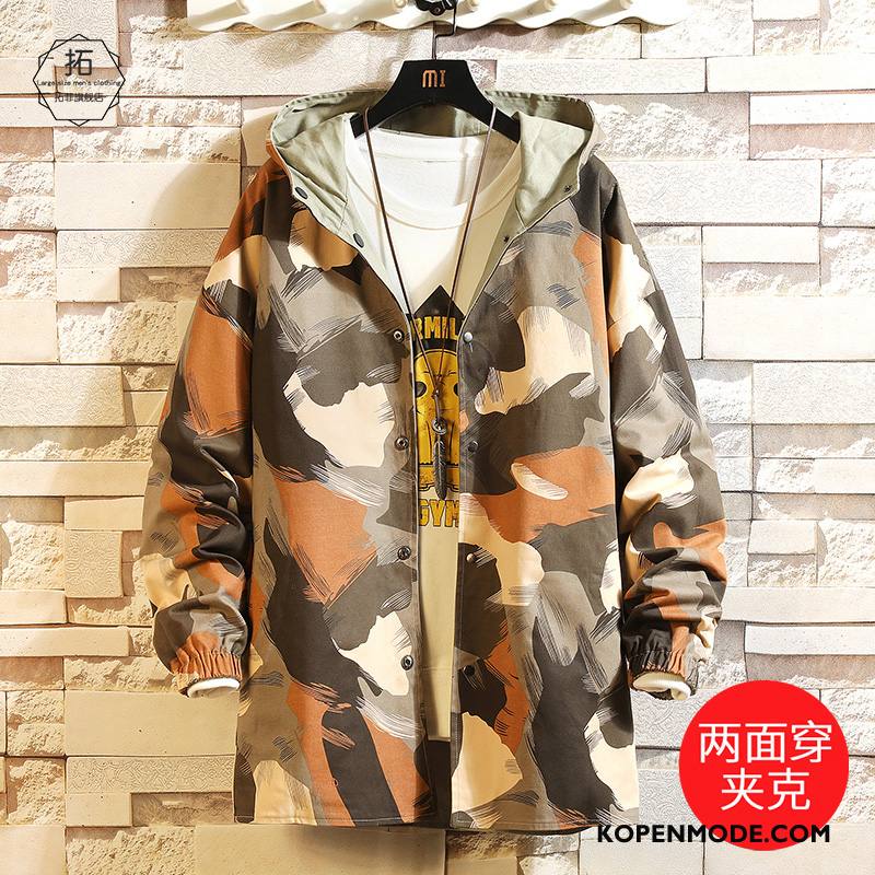 Trenchcoat Heren Omkeerbaar Jas Losse Cargo Grote Maten Hoodie Camouflage Groen