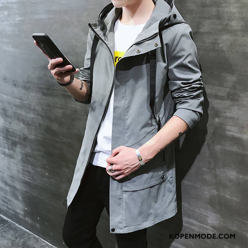 Trenchcoat Heren Winter Casual Plus Kasjmier Hoodie Mannen Slim Fit Effen Kleur Grijs