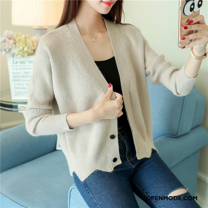 Truien Dames 2018 Gebreid Hemd Elegante Rechtdoor Cardigan Mode Effen Kleur Wit Beige