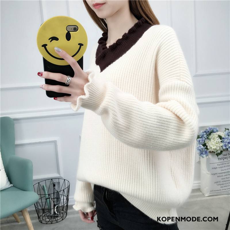 Truien Dames Pullover Trend Gebreid Hemd Dunne Losse Lange Mouwen Karamel Kleur Effen Kleur