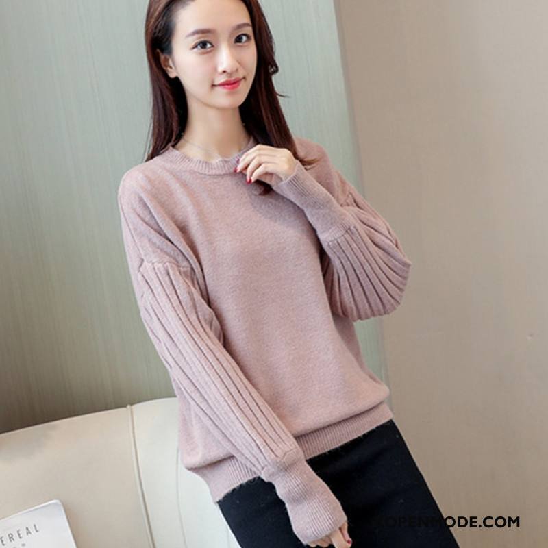 Truien Dames Ronde Hals Elegante Pullover Lange Mouwen Winter Gebreid Hemd Roze Rood Effen Kleur