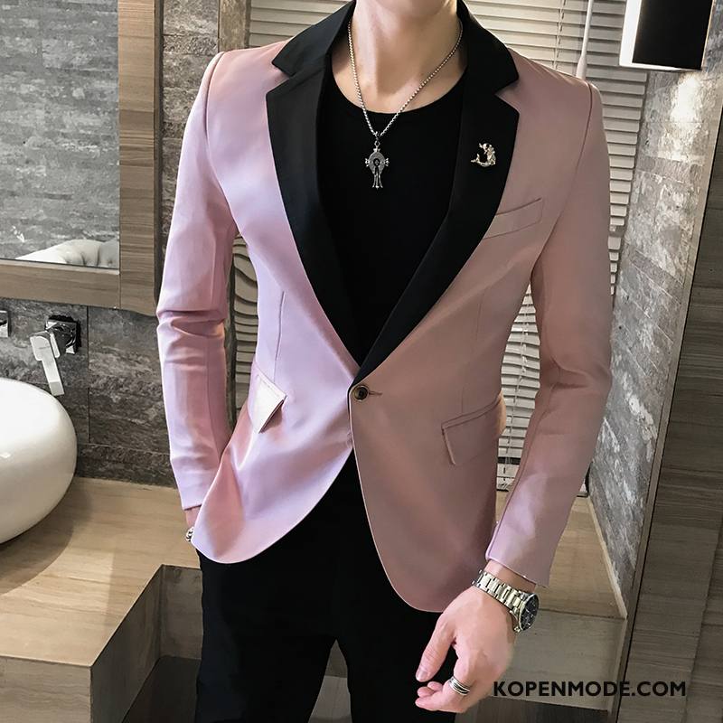 Blazer Heren Jasje Trendy Merk Herfst Casual Slim Fit Pak Roze Rood Rood