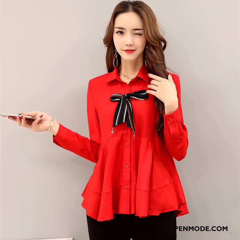 Blouses Dames 2018 Lange Mouwen Voorjaar Dunne Slim Fit Mode Effen Kleur Rood