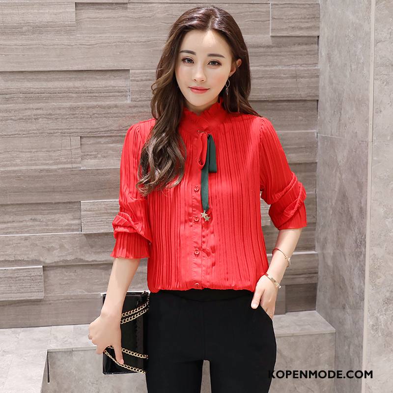 Blouses Dames Cardigan Plooien Kant Knopen 2018 Lange Mouwen Effen Kleur Rood