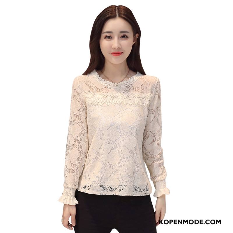 Blouses Dames Chiffon Lange Mouwen Pullover Kant Bloemen Ronde Hals Licht Geel Effen Kleur