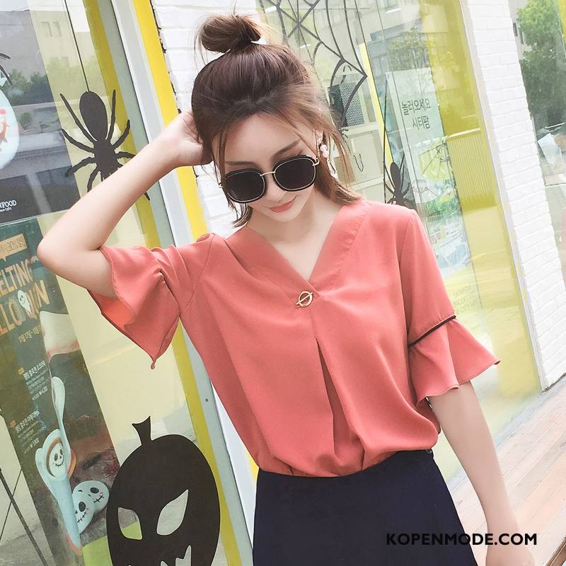 Blouses Dames Chiffon Losse Kant Mode Elegante Mouw Effen Kleur Rood