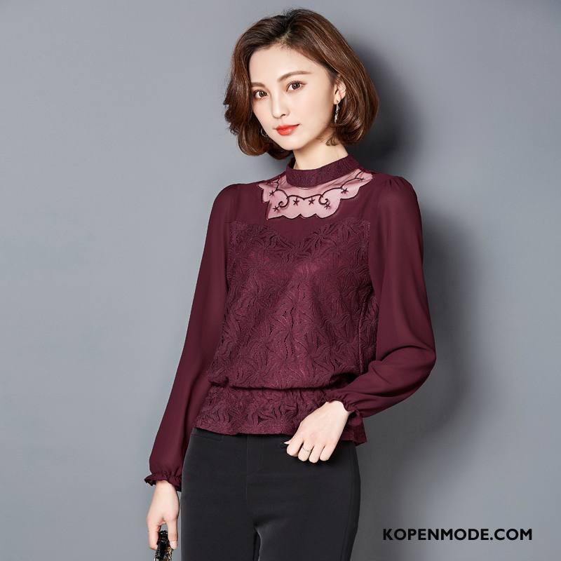 Blouses Dames Dunne Trend Geborduurde Chiffon Ronde Hals Kant Rood