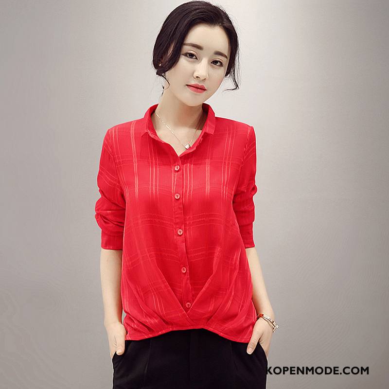 Blouses Dames Kort 2018 Voorjaar Pullover Plooien Chiffon Effen Kleur Rood