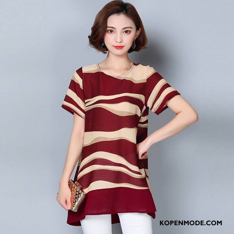 Blouses Dames Korte Mouw Mode Pullover Kant Ronde Hals Bedrukt Bordeauxrood