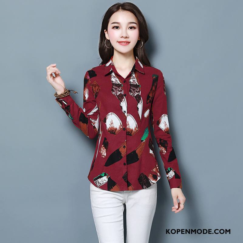 Blouses Dames Lang Herfst Blouse Overhemd 2018 Eenvoudige Elegante Rood