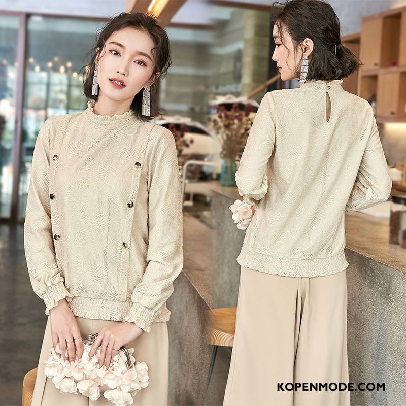 Blouses Dames Lange Mouwen Pullover Ronde Hals Mode Chiffon Elegante Abrikoos Kleur