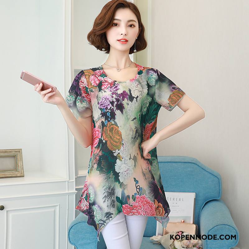 Blouses Dames Mode Bloemen 2018 Korte Mouw Elegante Lang Blauw