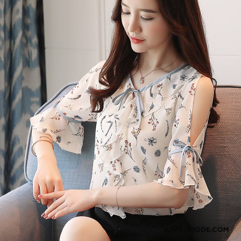 Blouses Dames Mouw Losse Kant Chiffon Pullover Bloemen Wit