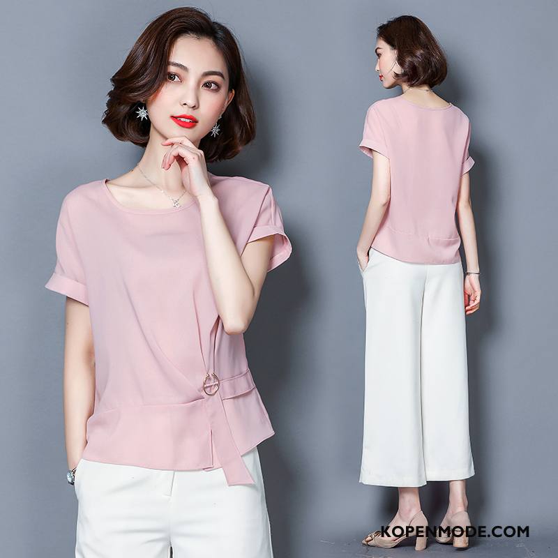 Blouses Dames Slim Fit Dunne Kant Stad Chiffon Zoet Effen Kleur Roze