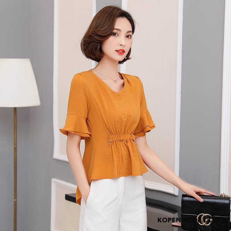 Blouses Dames Slim Fit Mode Korte Mouw Voorjaar Kant Elegante Effen Kleur Geel Oranje