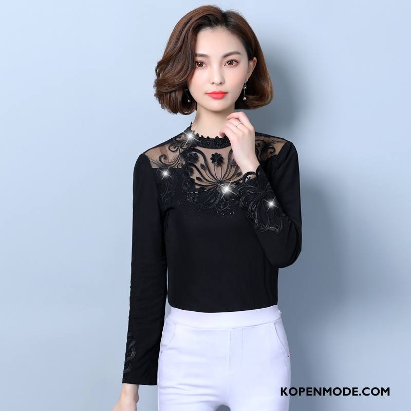 Blouses Dames Slim Fit Mode Winter Elegante 2018 Kant Effen Kleur Zwart