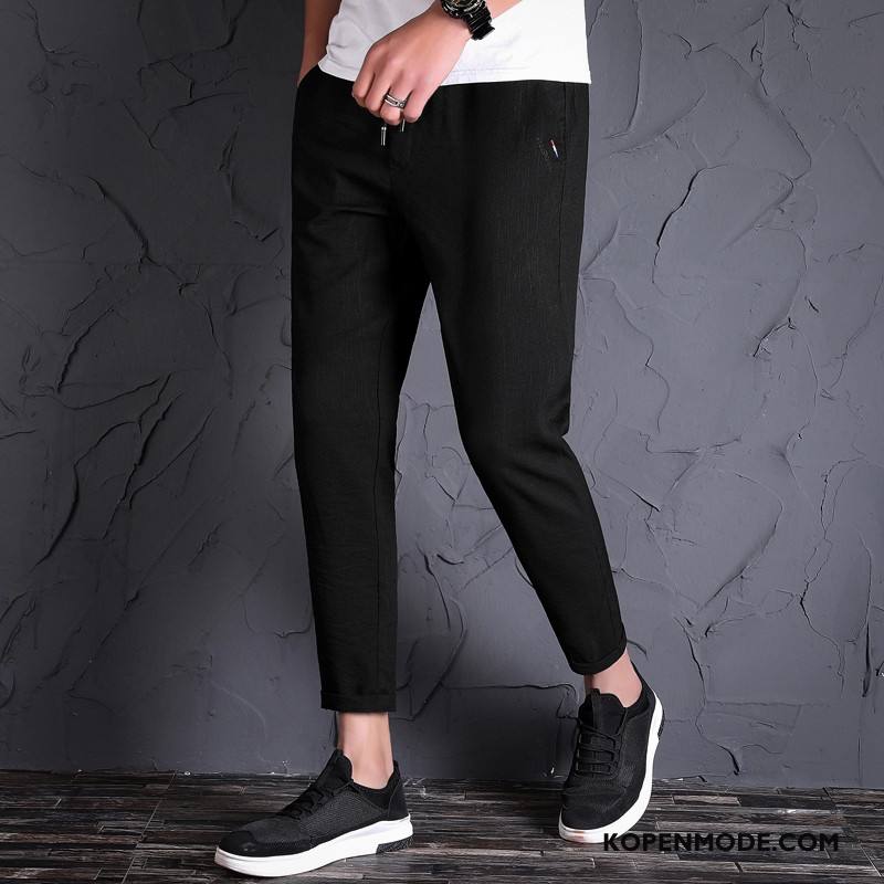 Broeken Heren Slim Fit Nieuw Zomer Katoen En Linnen Casual Broek Trendy Merk Effen Kleur Zwart