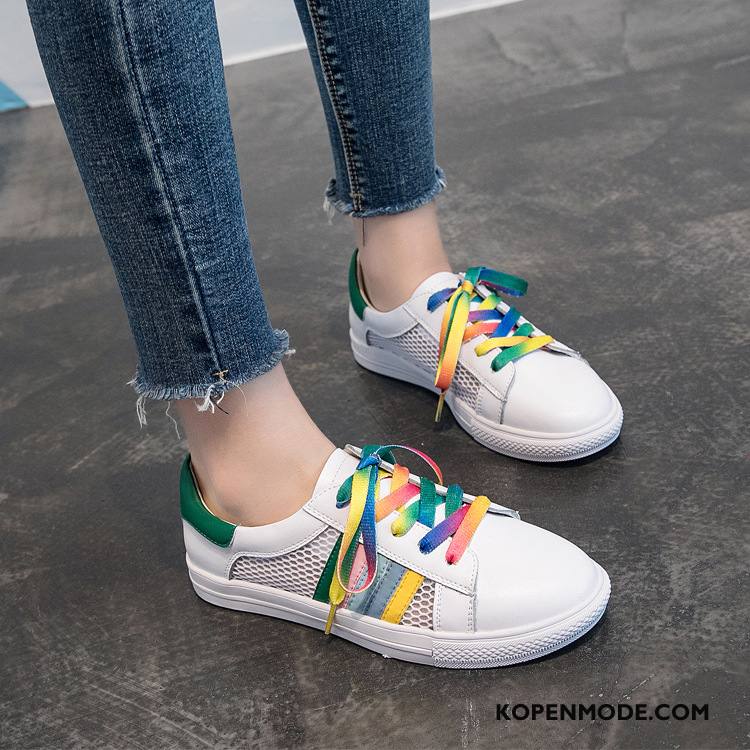 Casual Schoenen Dames Kant Zomer Alle Wedstrijden Maas Plat Ademende Gemengde Kleuren Regenboog Wit