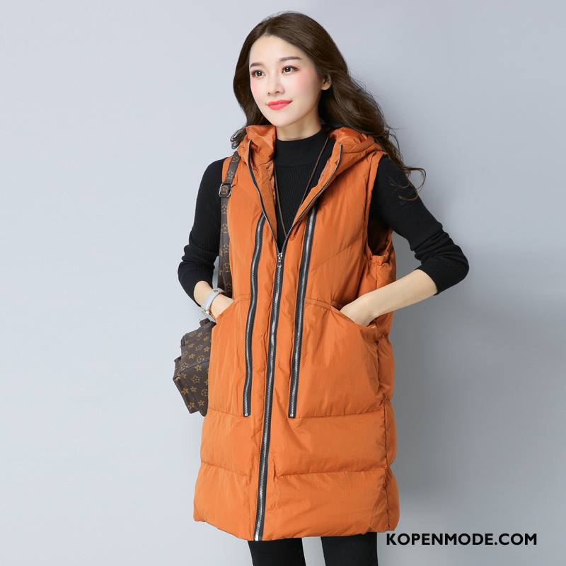 Gilet Dames 2018 Casual Winter Lang Rits Losse Effen Kleur Geel