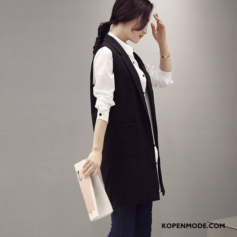 Gilet Dames Elegante Zak Trend Herfst Lang Eenvoudige Zwart