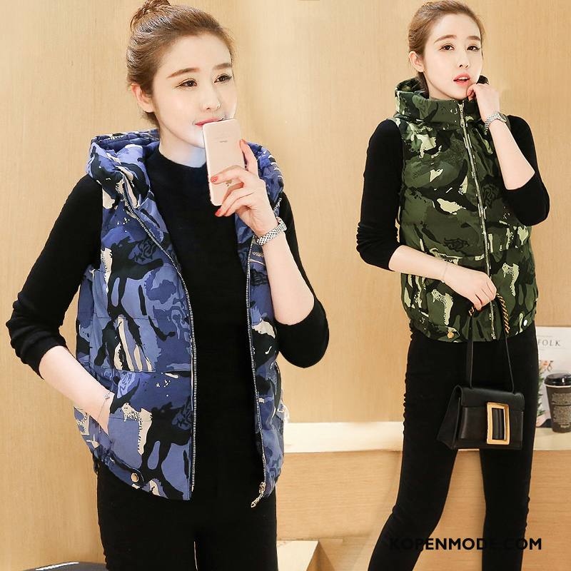 Gilet Dames Winter Hoodie Casual Dunne Mode Lange Mouwen Camouflage Blauw