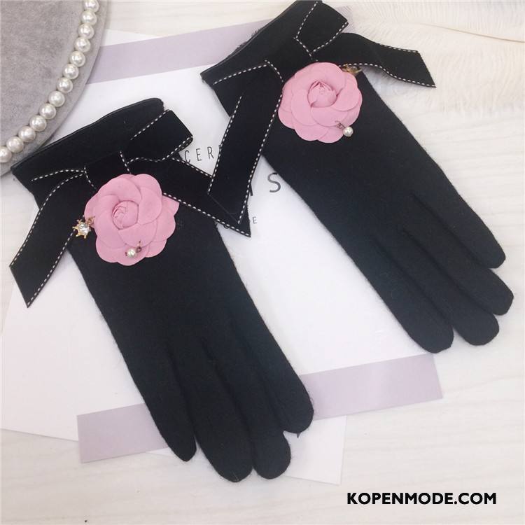 Handschoenen Dames Bloemen Pluche Kasjmier Strass Touchscreen Vrouwen Roze Zwart