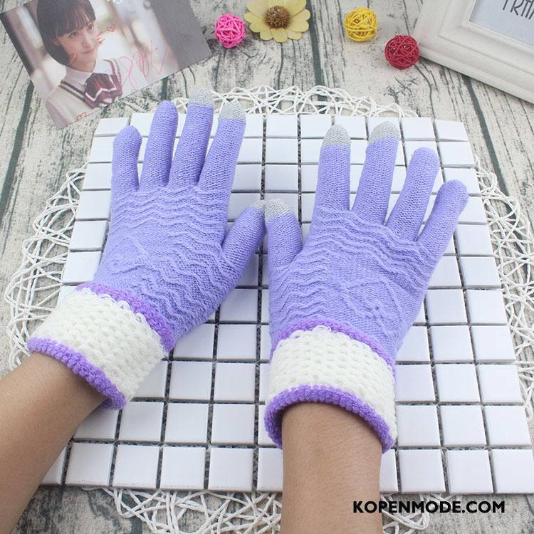 Handschoenen Dames Breien Bloemen Blijf Warm Kasjmier Winter Touchscreen Purper Licht